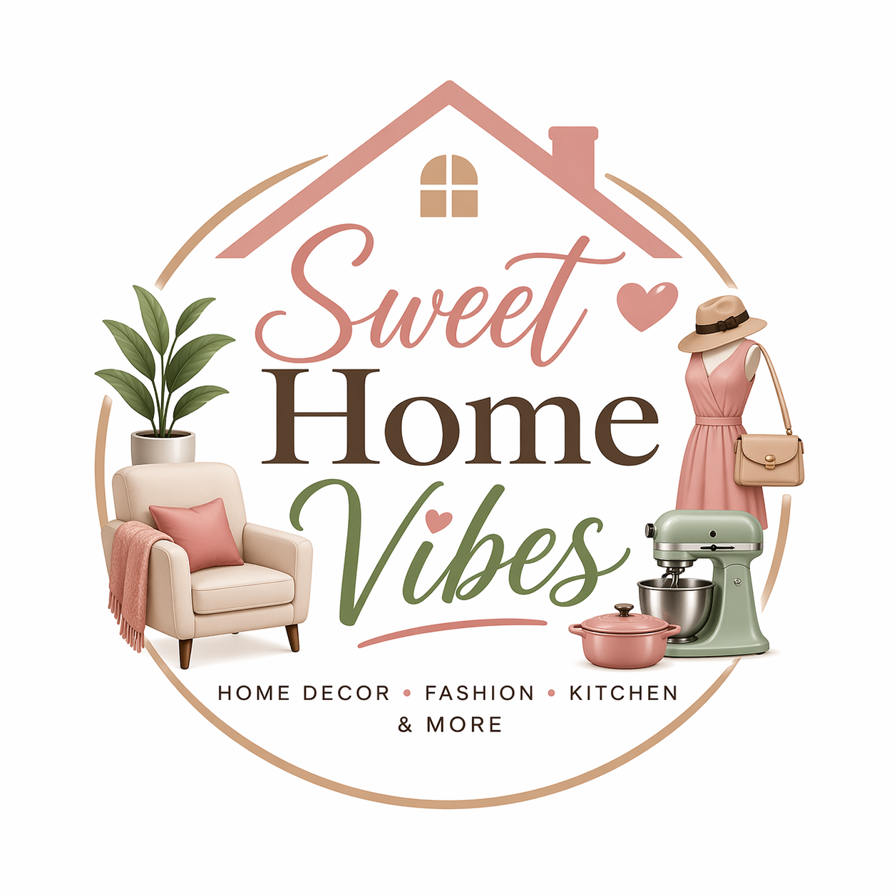 Sweet Home Vibes logo featuring some icons related to home decor items and kitchen appliances.