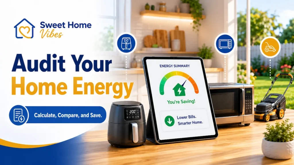 A professional banner for the Sweet Home Vibes energy audit tool, featuring an air fryer, microwave, and lawn mower on a wooden kitchen counter with a tablet displaying an energy savings summary.