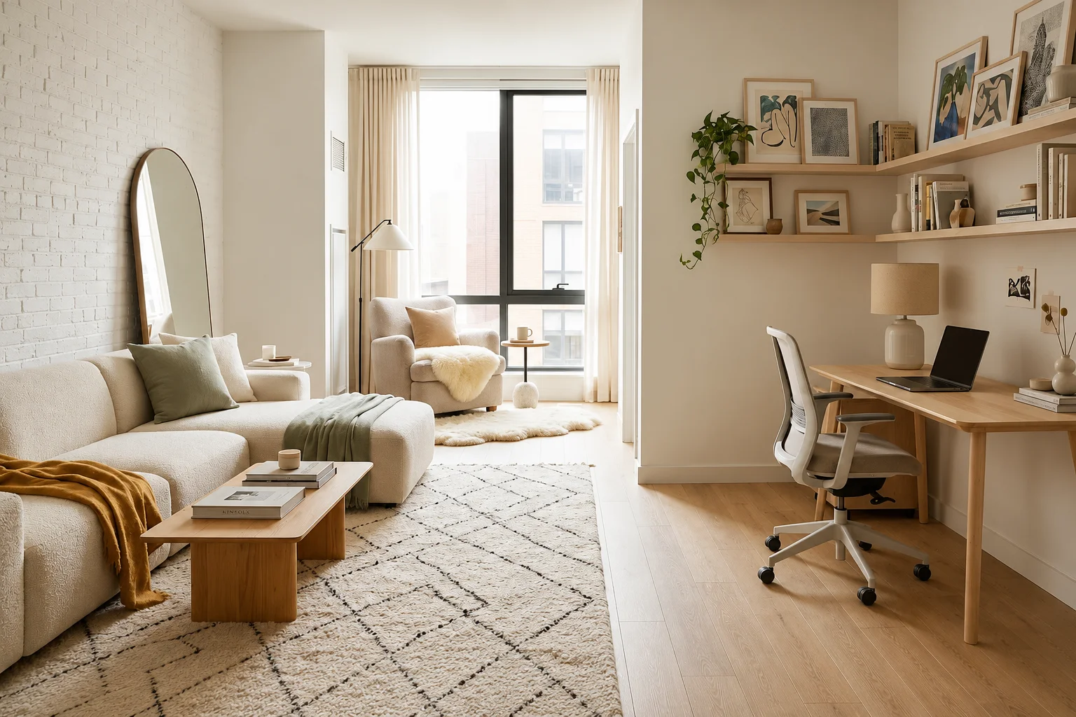 Cozy styled living room with a bright work nook