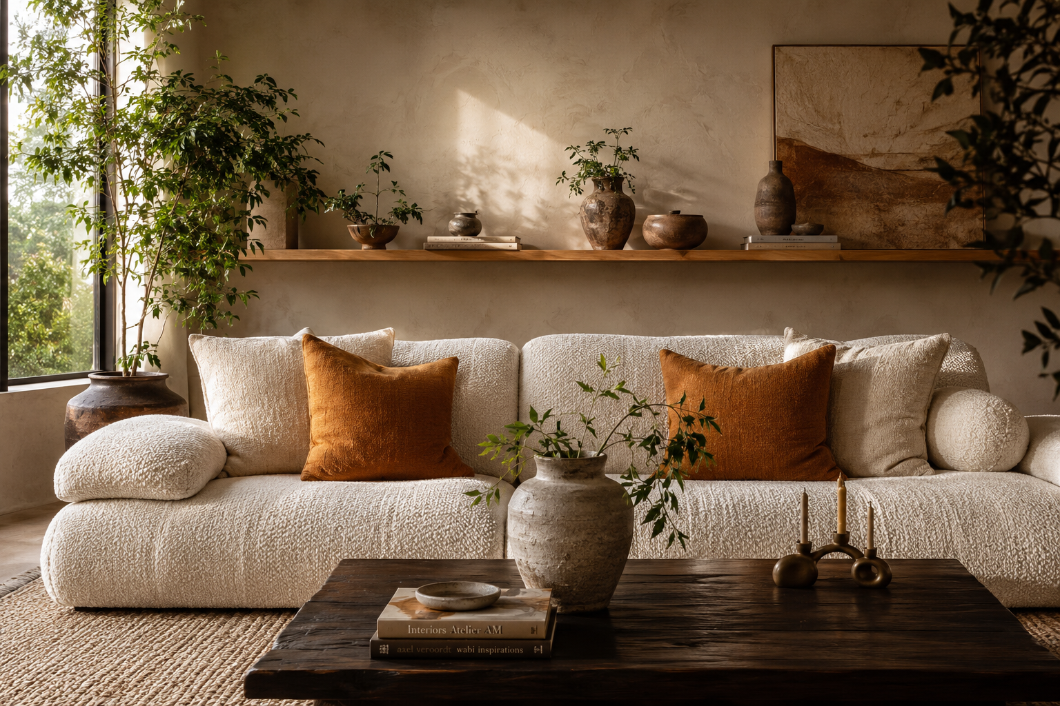 Modern bohemian living room with a white bouclé sofa, ochre pillows, dark wood coffee table, floating oak shelf, and warm natural light.