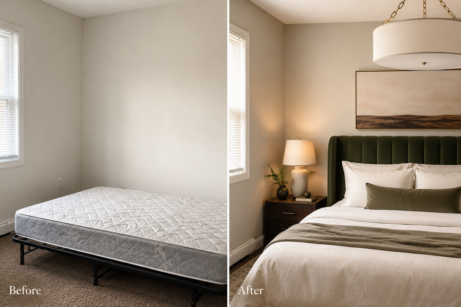 Split-panel bedroom makeover showing a plain mattress in an empty room before and a cozy bedroom with a green velvet headboard, white bedding, and modern decor after.