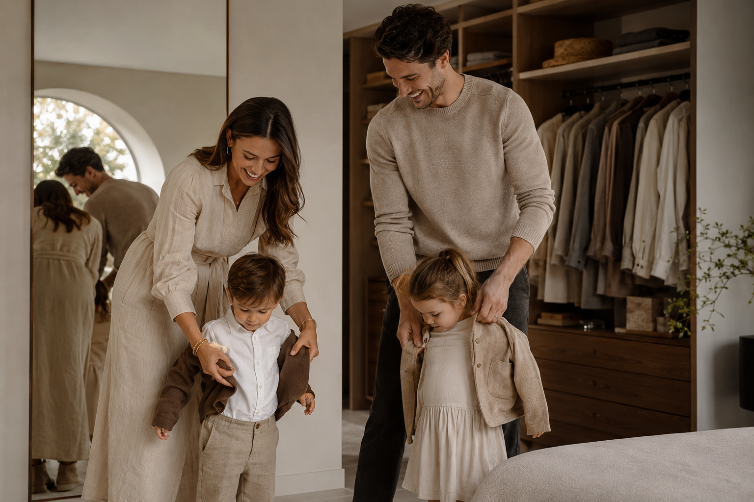 Stylish family helping two young children put on jackets in a modern walk-in closet with warm wood cabinetry, a floor-to-ceiling mirror, and soft natural light.