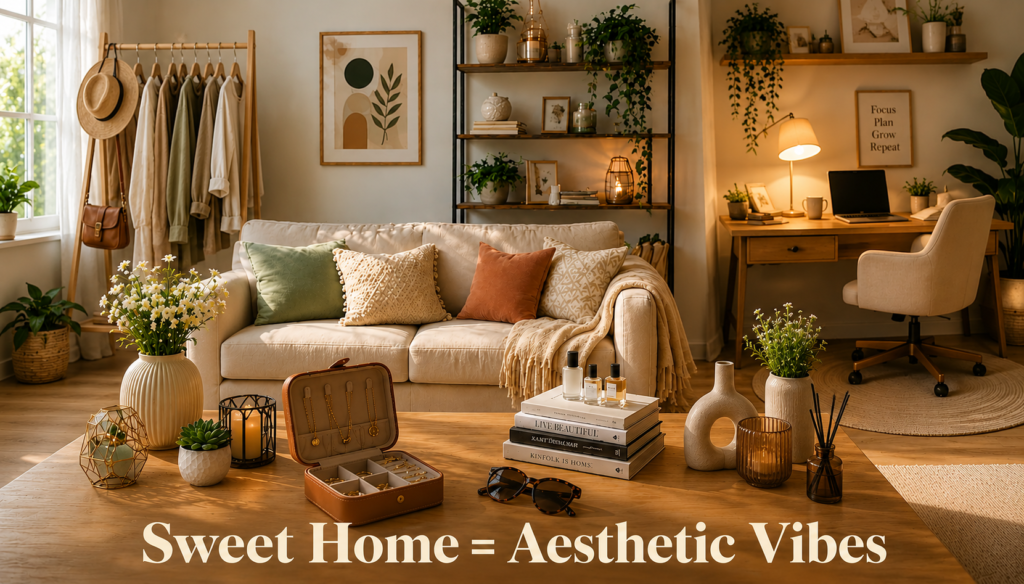 Cozy modern living room with a stylish study corner, neutral sofa, clothing rack with hats, warm wood accents, indoor plants, and elegant decor in soft natural light.