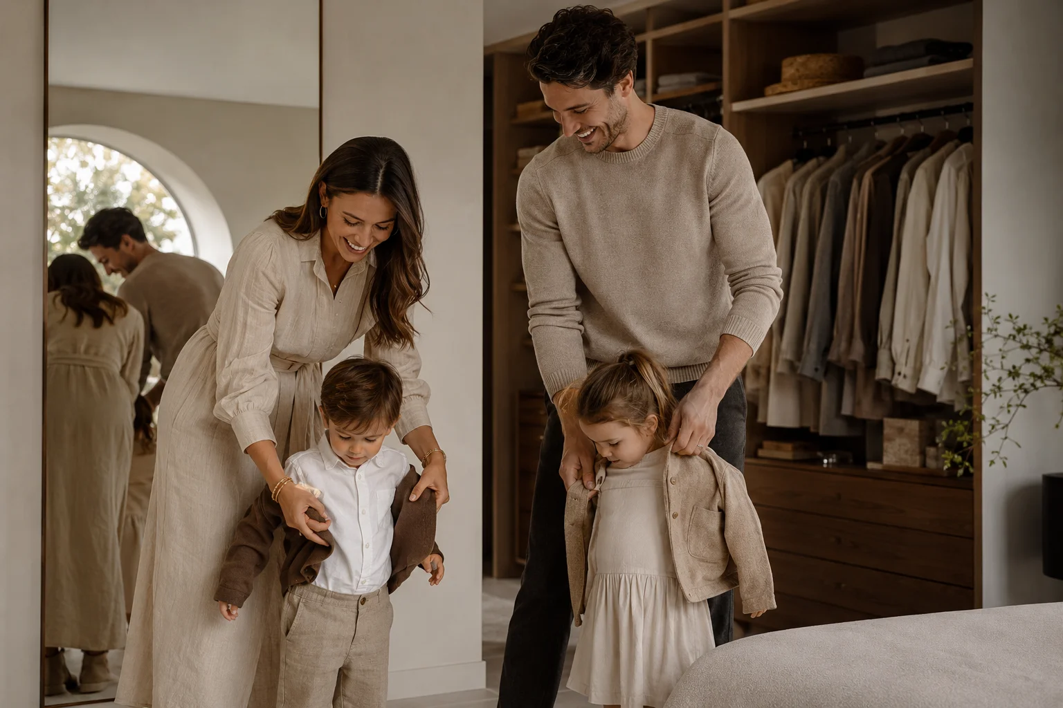 Family getting dressed in a warm, styled walk-in closet