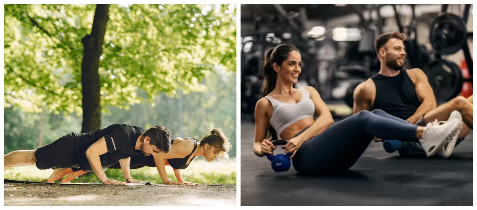 Couple working out together, outdoor and gym routines