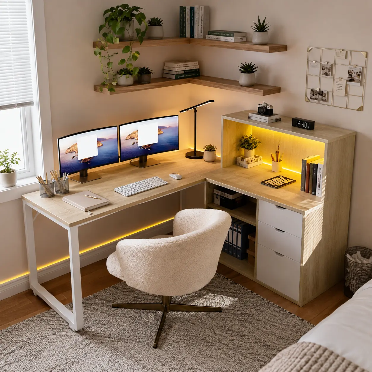 Light oak corner desk with floating shelves