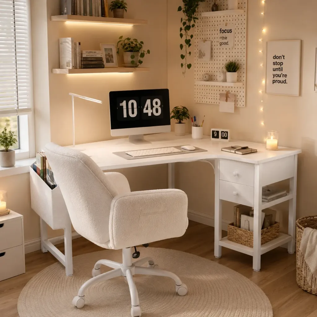 White corner study desk with wood shelves, warm lighting, and a cream office chair