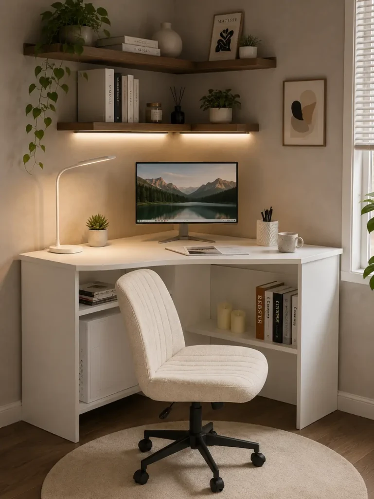 Black corner desk with storage shelves, laptop, floor lamp, and leather office chair