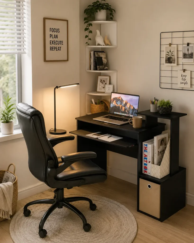 Black corner desk with white shelves, string lights, and a black office chair