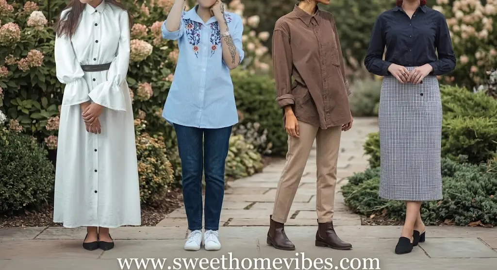 Four women styling button-down shirts modestly, including a long white shirt dress, a embroidered light blue shirt with jeans, a brown oversized button-up, and a navy shirt with a houndstooth midi skirt.