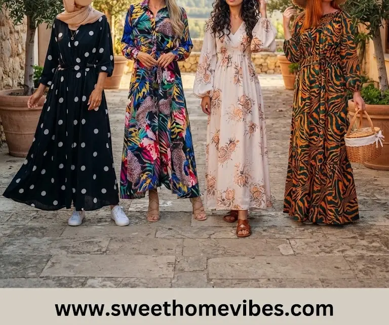 Four long-sleeve modest maxi dresses displayed in various prints: polka dots, tropical floral, cream bohemian floral, and dark tiger print.