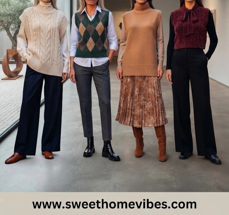 Four modest sweater vest outfit ideas including a chunky cream cable knit over wide-leg pants, a green argyle vest over a white button-down, a tan turtleneck vest over a pleated skirt, and a burgundy tie-neck vest with black trousers.