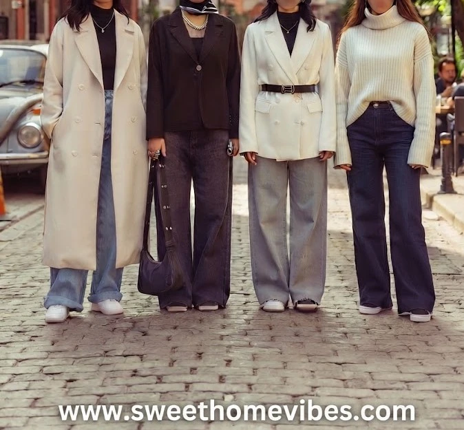 Four street-style modest denim outfits featuring wide-leg jeans paired with a long beige duster coat, a black blazer with a headscarf, a belted double-breasted white blazer, and a ribbed cream turtleneck.