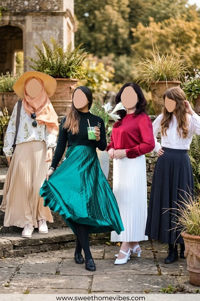 Four modest pre-fall wardrobe outfits featuring pleated maxi skirts styled with a beige hijab and floral blouse, a black turtleneck with an emerald green skirt, a red top with a white skirt, and a white blouse with a navy skirt.