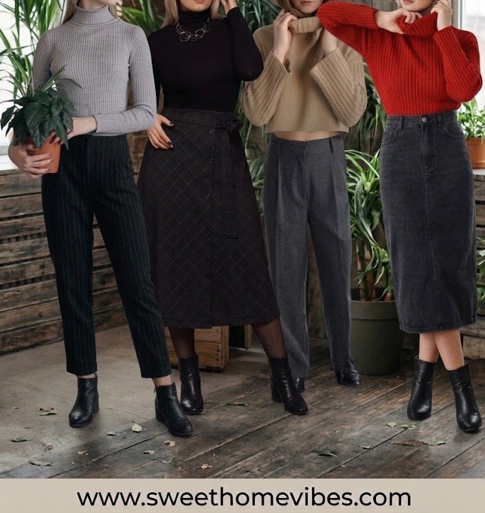 Four modest pre-fall wardrobe looks featuring turtleneck tops styled with pinstripe trousers, a plaid A-line midi skirt, gray wide-leg pants, and a dark denim midi skirt.