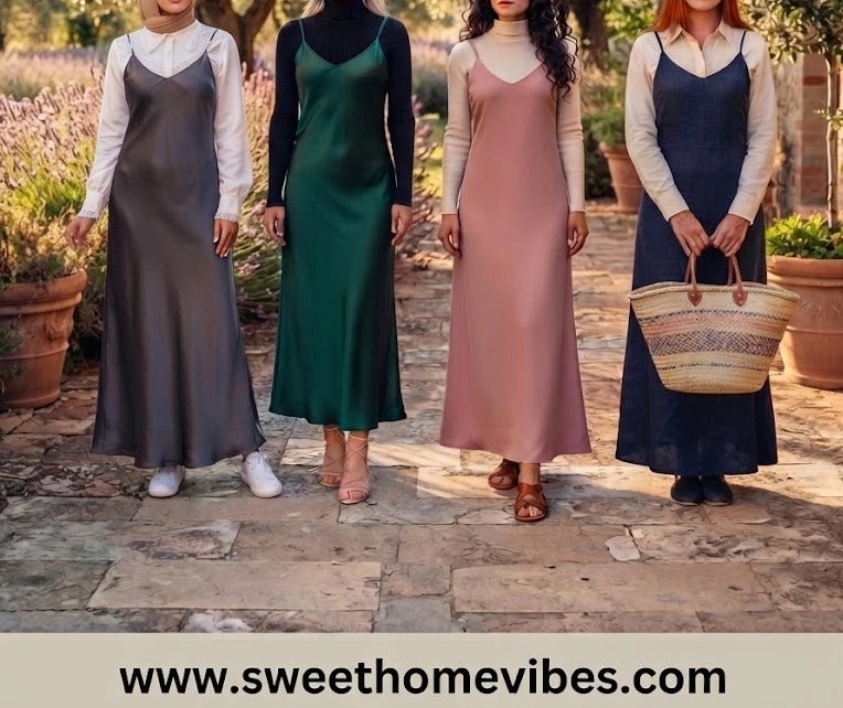 Four layered slip dress outfit options for a modest pre-fall wardrobe, including satin and linen slip dresses worn over collared white shirts and high-neck turtlenecks.