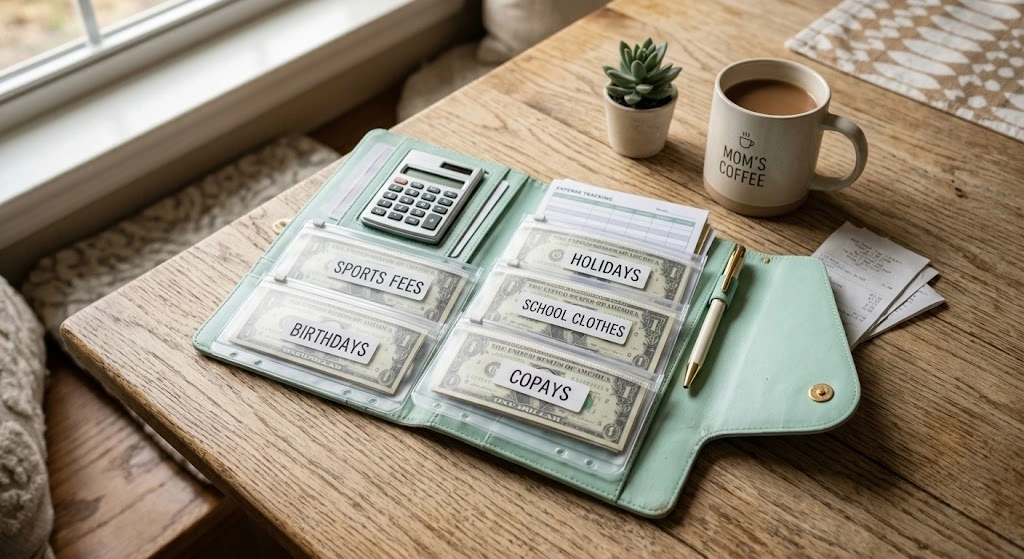 Overhead view of an open mint green A6 leather budget binder with a built-in calculator, pen, and clear zipper pockets labeled with kids' expense categories (Sports Fees, School Clothes, Birthdays, Holidays, Copays) containing cash, resting on a wood table next to a "Mom's Coffee" mug.