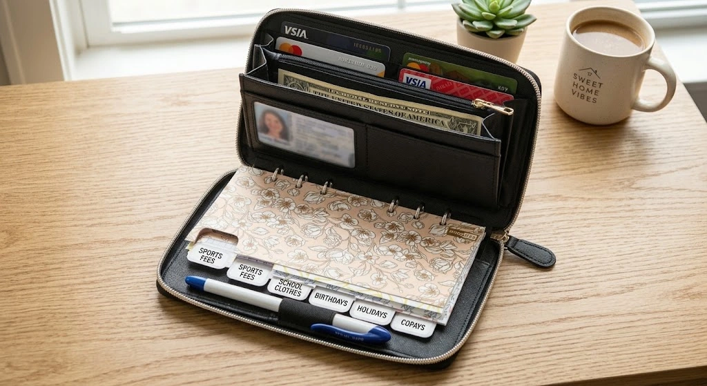An open black leather zip-around budget wallet on a light wooden table displaying card slots, cash pocket, pen holder, and labeled category tabs for kids expenses like Sports Fees, School Clothes, Birthdays, Holidays, and Copays.