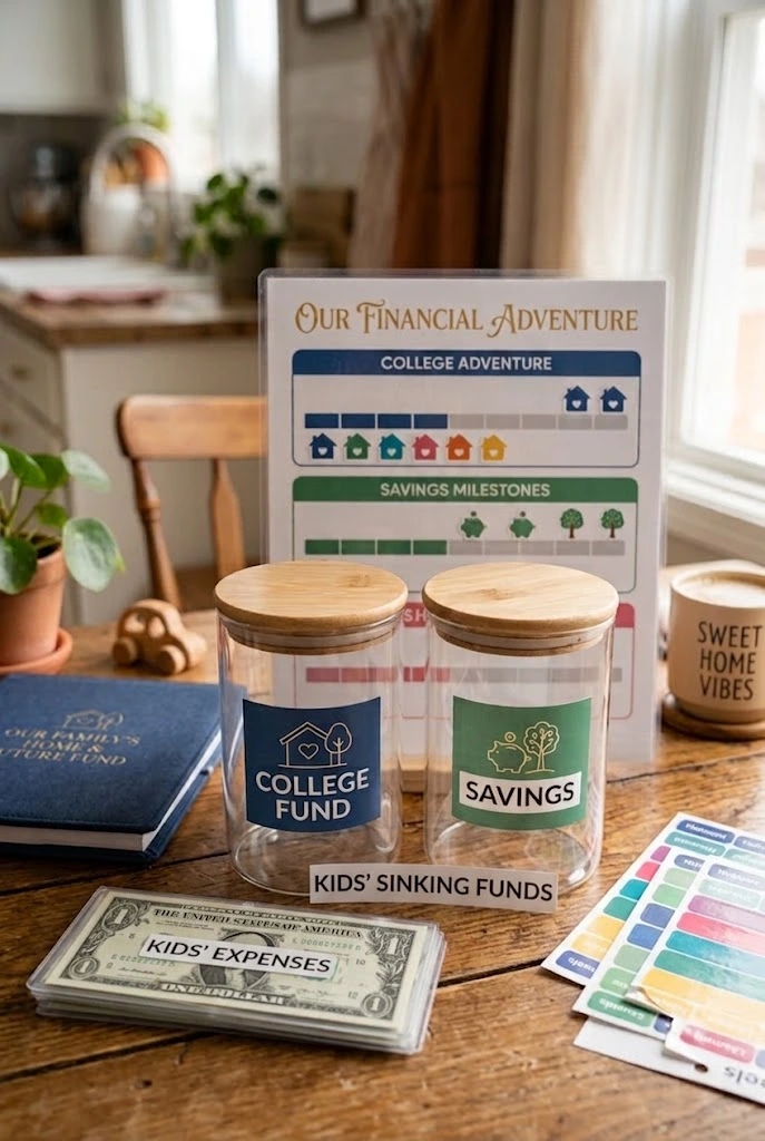 A close-up view of clear glass savings jars, a progress tracker chart, a notebook, currency, and sticker labels on a wooden table, arranged to manage a family budget and savings goals.