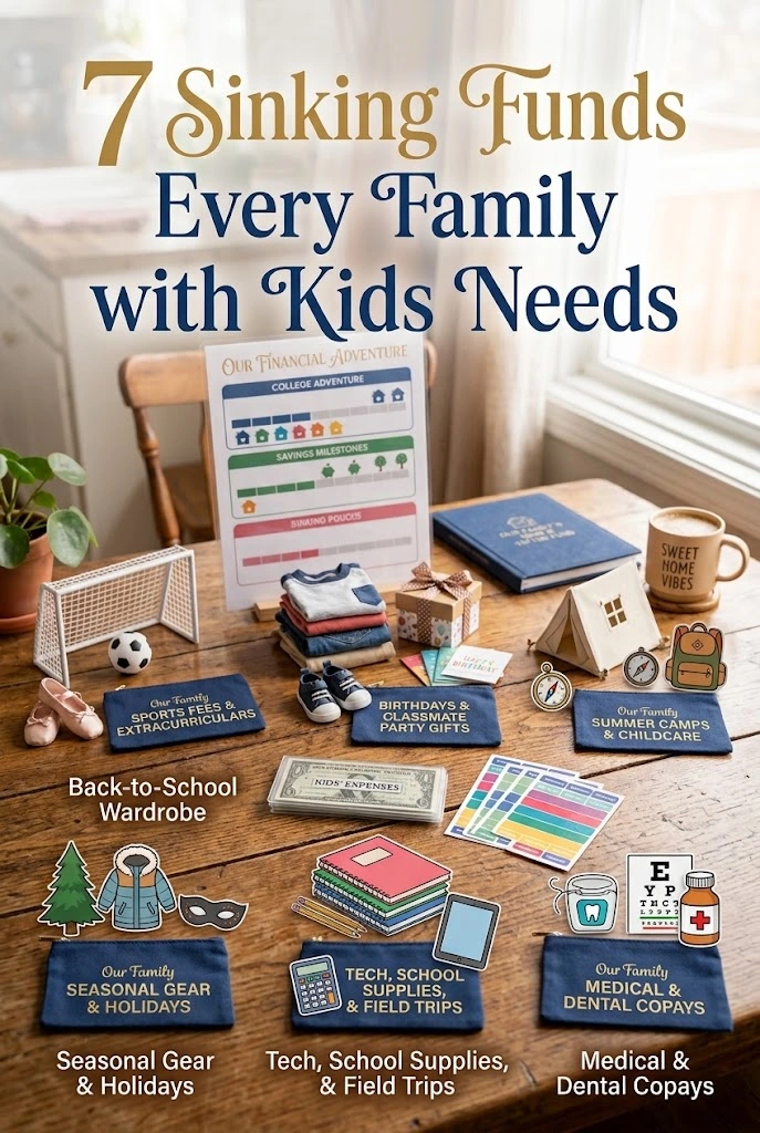 An overhead view of a wooden table with organized sinking fund categories for family and kid expenses, featuring small blue pouches, miniature items (like a soccer goal and tent), a progress tracker chart, and labeled groupings including 'Sports Fees,' 'Summer Camps,' and 'Back-to-School Wardrobe.'