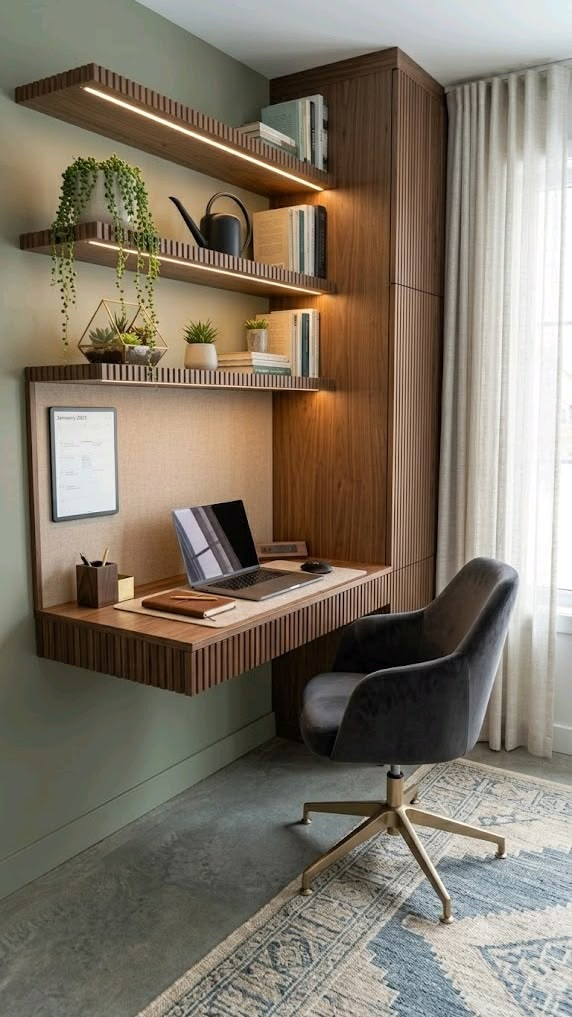 Walnut floating desk with warm LED shelving and a black swivel chair