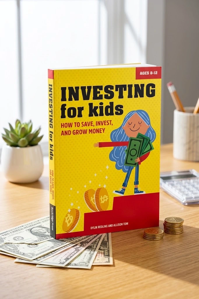 The book cover of "INVESTING for kids: HOW TO SAVE, INVEST, AND GROW MONEY" for ages 8-12, featuring a cartoon girl with blue hair holding cash and standing on stairs with rolling gold coins on a yellow background. Authors Dylan Redling and Allison Tom are listed.