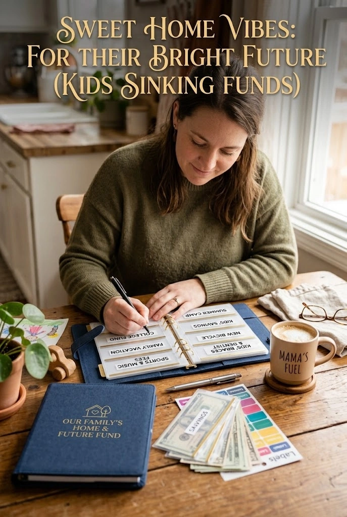 A mother filling out labeled cash envelopes in a blue budget binder at a wooden kitchen table.