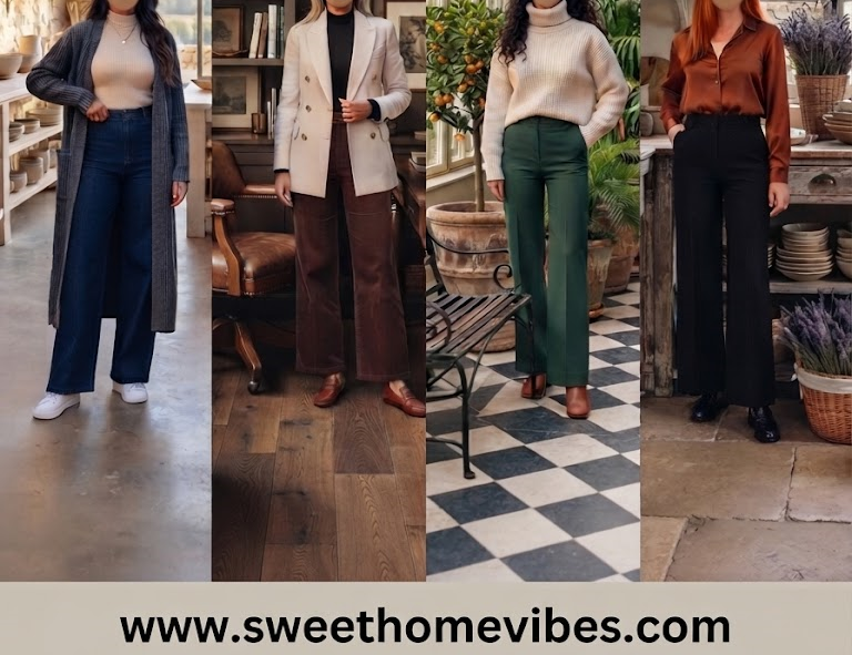 Four high-waisted wide-leg trouser outfits for pre-fall, including dark denim with a long gray cardigan, brown corduroy pants with a white blazer, forest green trousers with a cream turtleneck, and black trousers with a bronze satin blouse.