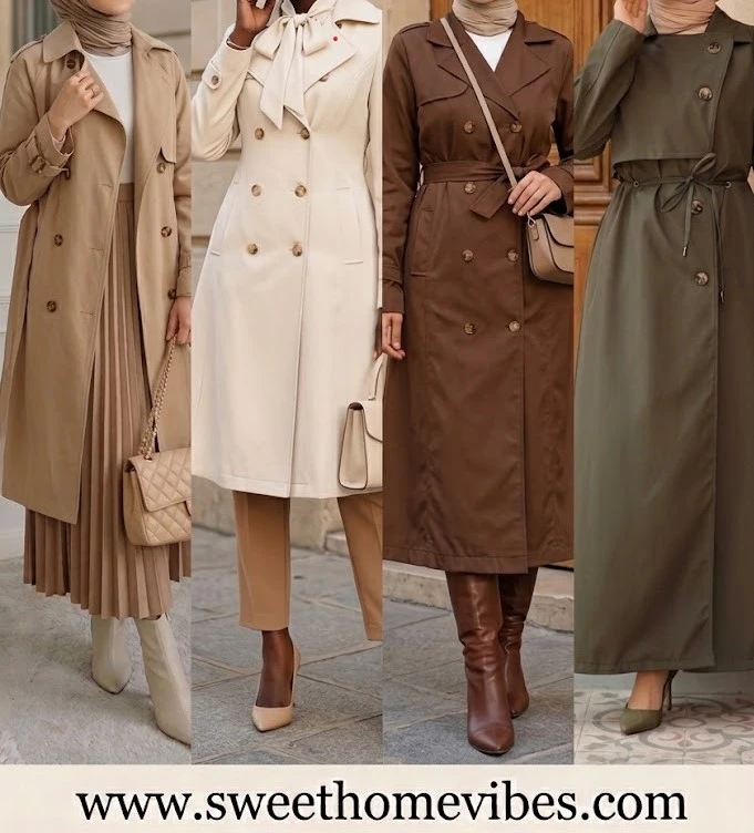 Four elegant trench coat outfits featuring a beige trench over a pleated midi skirt, a double-breasted cream coat, a dark brown belted trench coat with tall boots, and an olive green full-length trench coat with hijab.