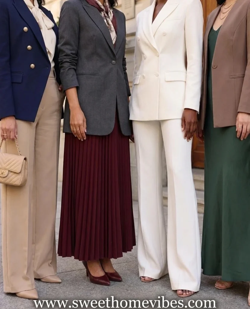 Four structured blazer outfits including a navy double-breasted blazer with beige trousers, a dark charcoal blazer over a burgundy pleated midi skirt, a full white suit set, and a brown blazer with a dark green slip dress.