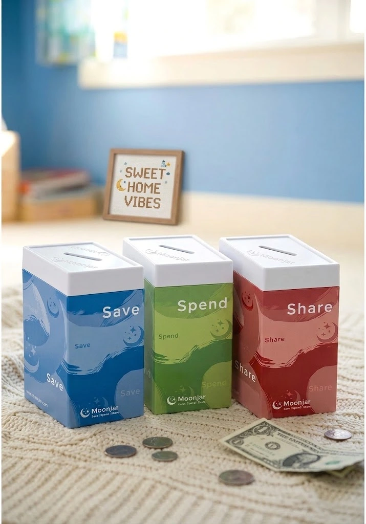 Three labeled Moonjar moneyboxes—blue 'Save', green 'Spend', and red 'Share'—are lined up on a cream knit throw. In the background, there's a framed 'Sweet Home Vibes' cross-stitch sign, and in the foreground are scattered US coins and a dollar bill.
