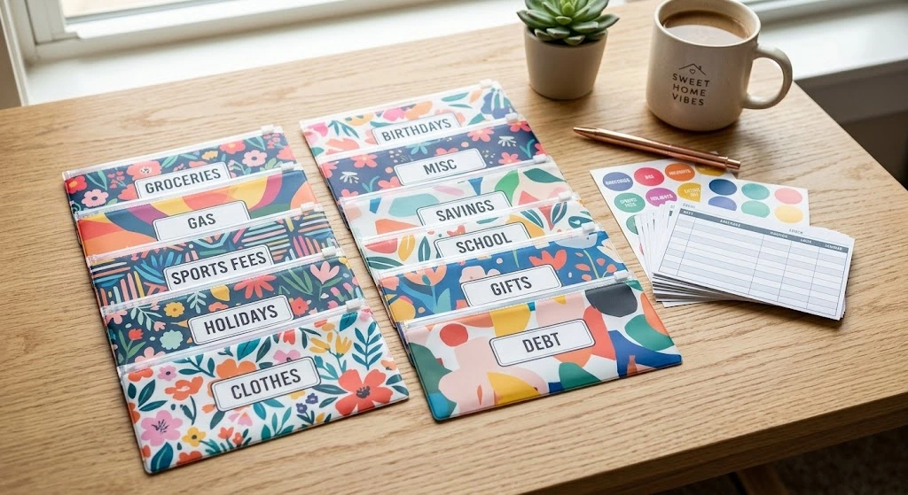 A set of 12 patterned plastic cash budget envelopes with double-sided tracking sheets and category label stickers spread on a light wooden surface.