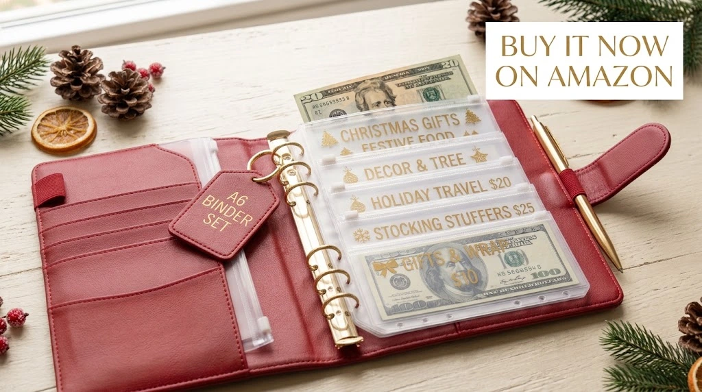 A red A6 budget binder setup featuring clear zipper pouches filled with cash and holiday categories for a 100-day Christmas savings challenge.