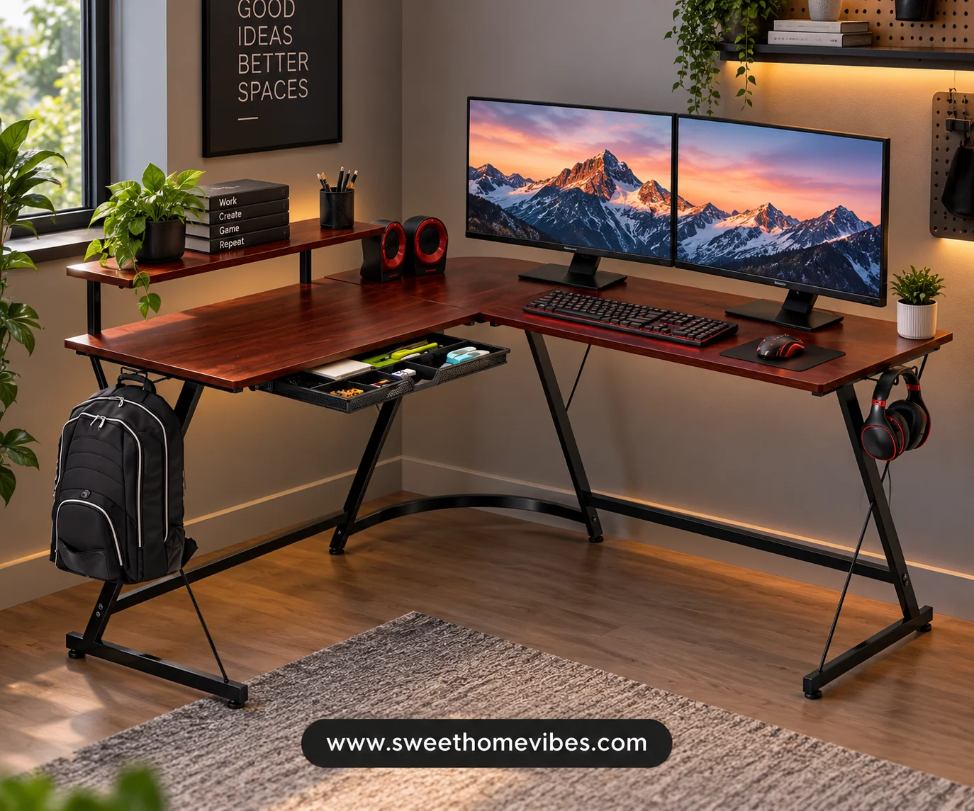 SHW 51 x 51 L-Shaped Corner Desk with Monitor Stand and Drawer