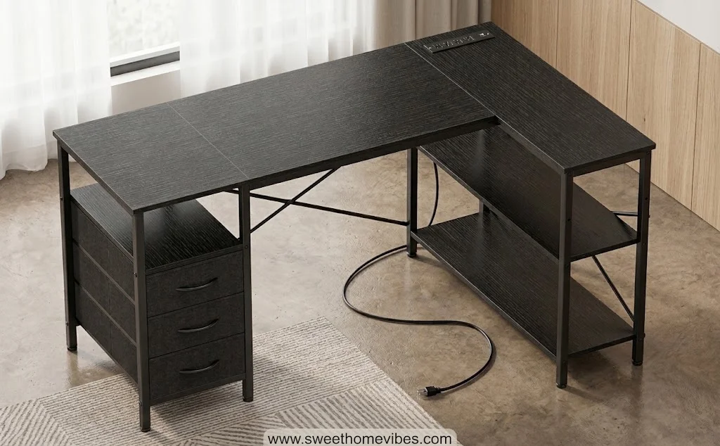 Huuger L-Shaped Office Desk with Power Outlets and Drawers