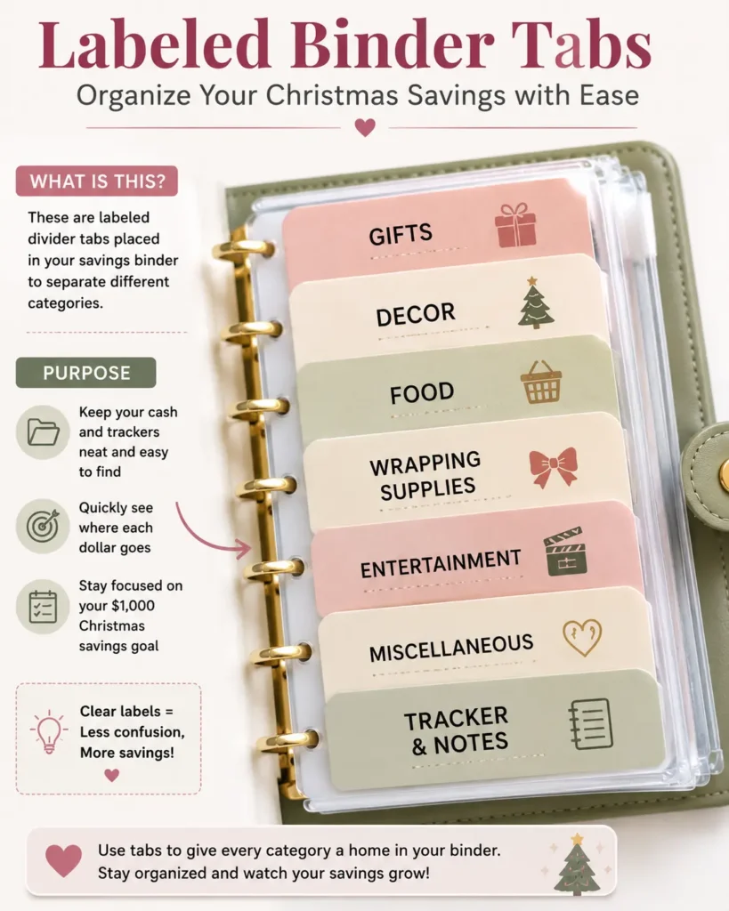 Labeled-binder-tabs.webp An open binder displaying pastel labeled divider tabs for gifts, decor, food, and wrapping supplies, designed for a 100-day Christmas savings challenge.