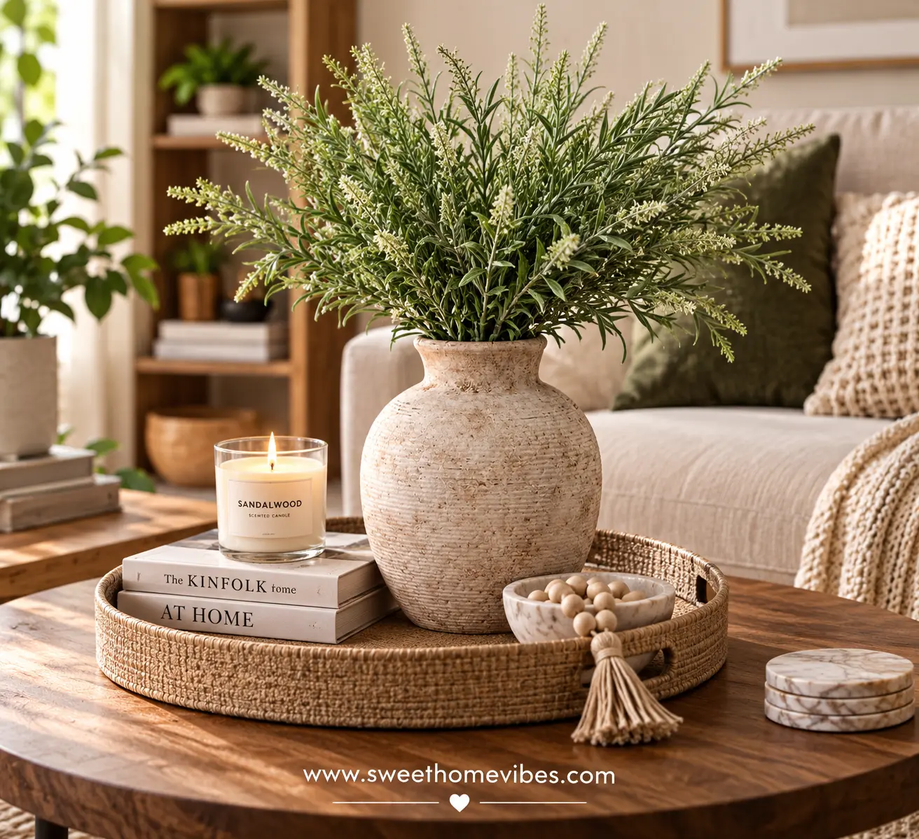 Rustic vintage ceramic flower vase styled for farmhouse living room coffee table decor