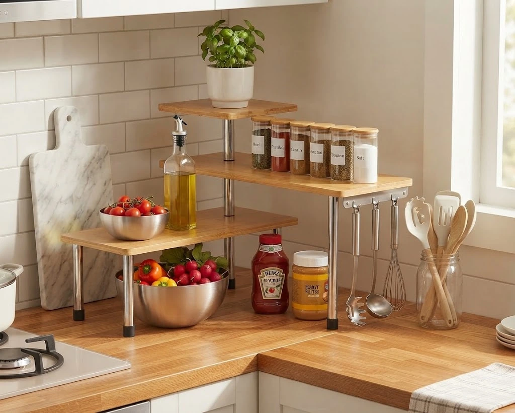 An adjustable 3-tier bamboo corner spice rack styled on a warm wooden kitchen counter with spice jars, cooking utensils, and fresh produce.