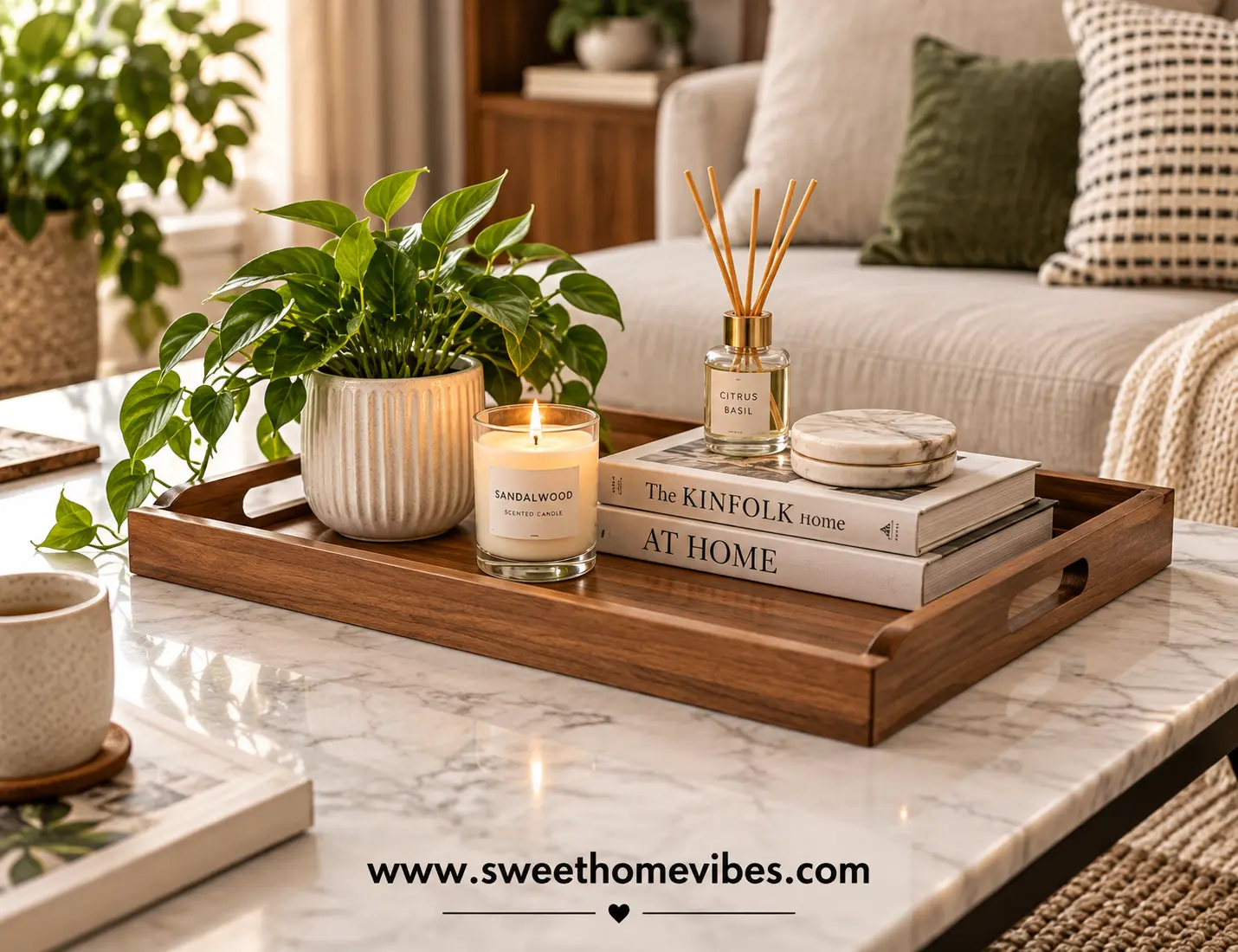 Acacia wood decorative serving tray platter styled for coffee table decor