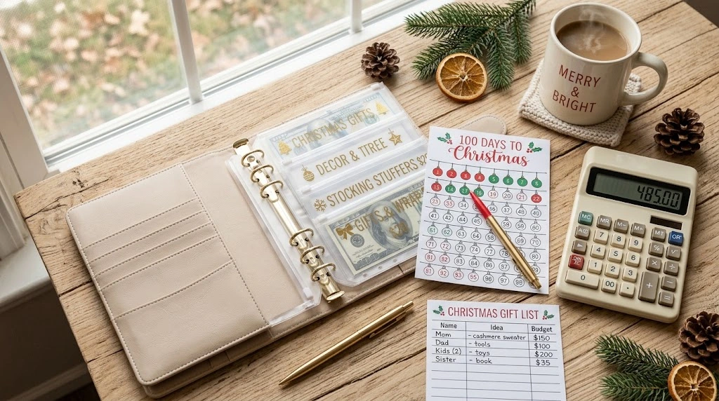An open aesthetic binder setup featuring cash stuffed envelopes, a calculator, and a printable tracker for a 100-day Christmas savings challenge.