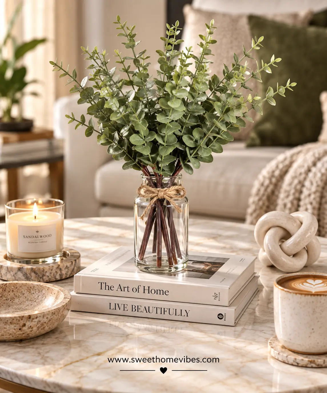 Artificial sage green eucalyptus stems in a clear glass vase with faux acrylic water on a coffee table