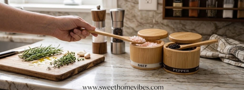 A person's hand uses a mini wooden spoon to scoop pink salt from a bamboo salt box on a kitchen counter next to a cutting board with herbs, garlic, and fresh pepper.