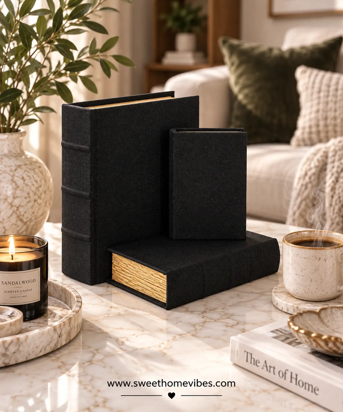Set of 3 black faux linen and wood decorative book boxes styled on a marble coffee table
