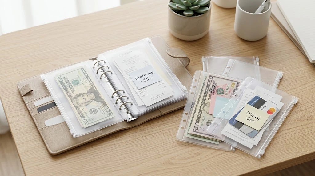 An organized desk setup showing an open binder and clear cash envelopes labeled for groceries and dining out during a 100-day Christmas savings challenge.