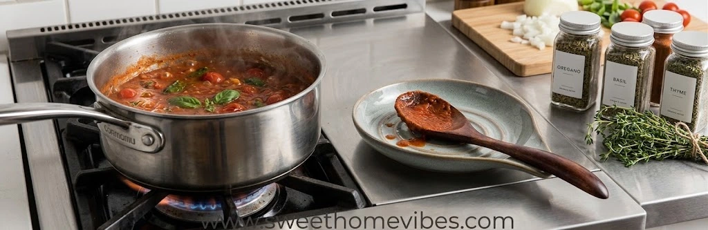 A high-quality photo of a used wooden cooking spoon with tomato sauce on it, resting on a ceramic spoon rest, with a simmering pot and prep ingredients in the background on a stainless steel stove.