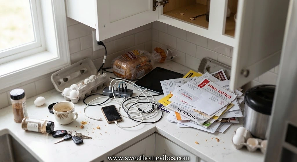 A messy, cluttered L-shaped kitchen countertop corner filled with tangled charging cords, a stack of mail, open egg cartons, a bread bag, car keys, and crumbs, highlighting a common organizing problem area.