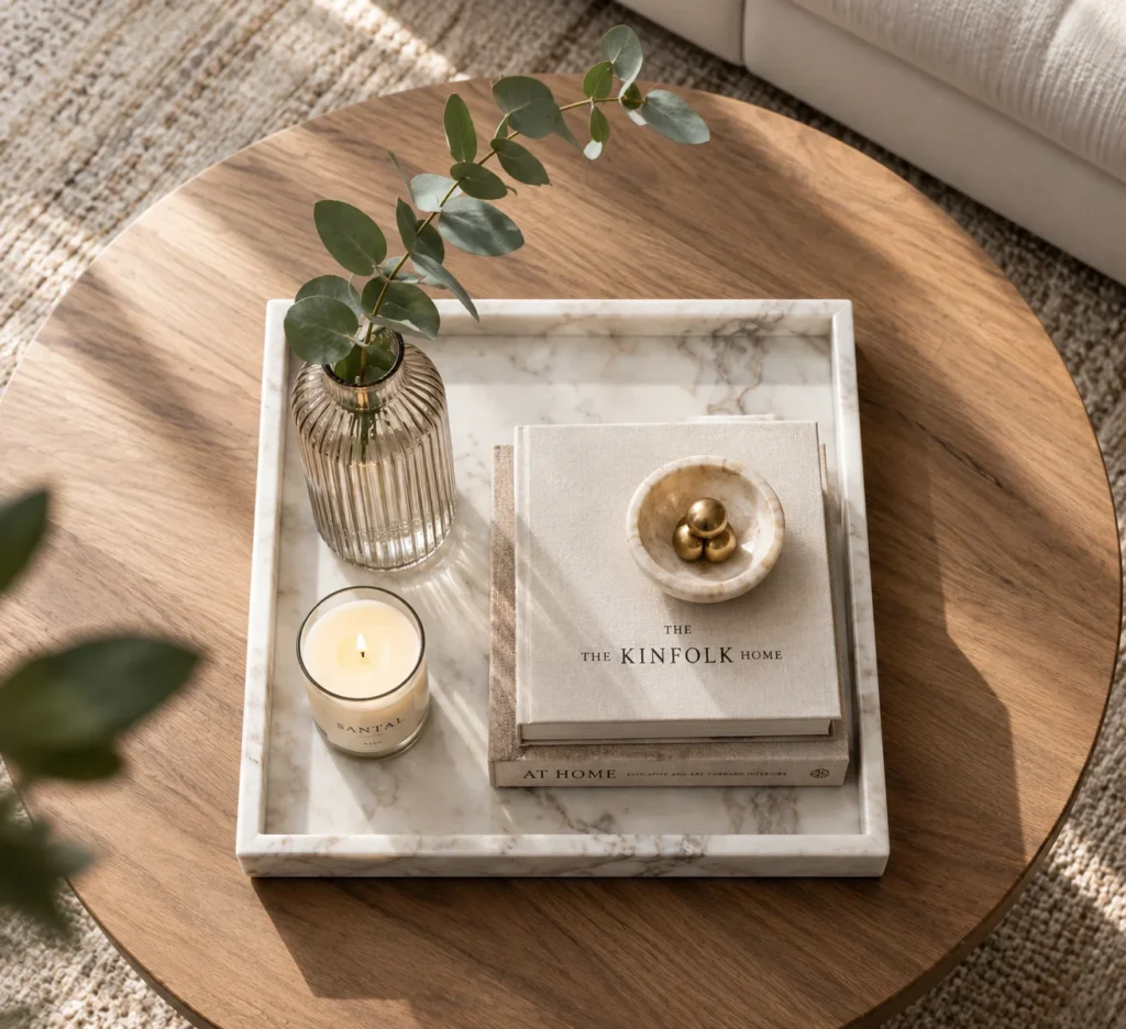 Top-down flat lay of a coffee table styled using the rule of threes, featuring a square marble tray, two stacked neutral books, and a tall ribbed glass vase with a eucalyptus stem.