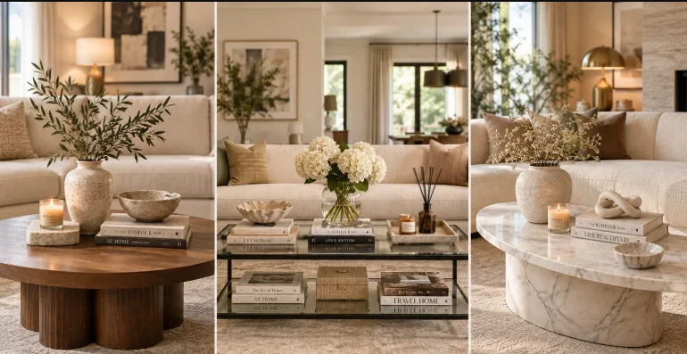 Three-panel visual guide illustrating coffee table decor layouts for round tables using a triangle formula, rectangular tables using visual zones, and oval tables with soft rounded accents.