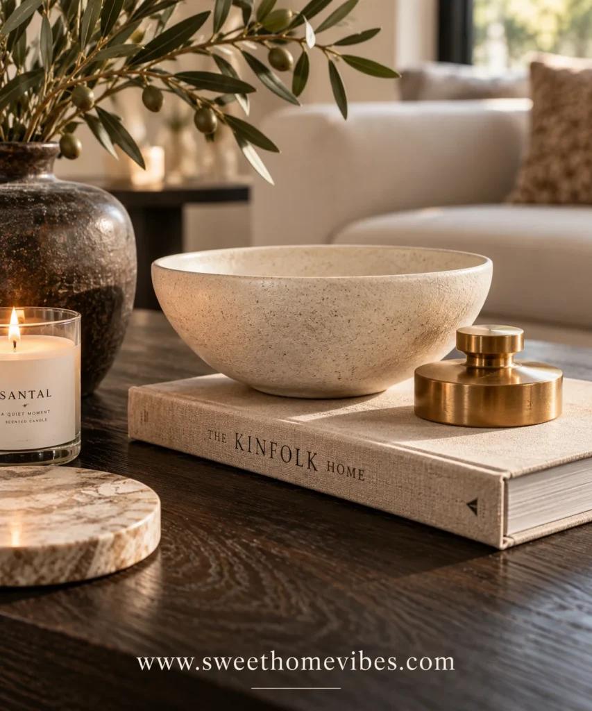 Close-up of a dark espresso wood coffee table styled with contrasting light cream ceramic decor, beige linen hardcover books, and a brushed brass decorative object.