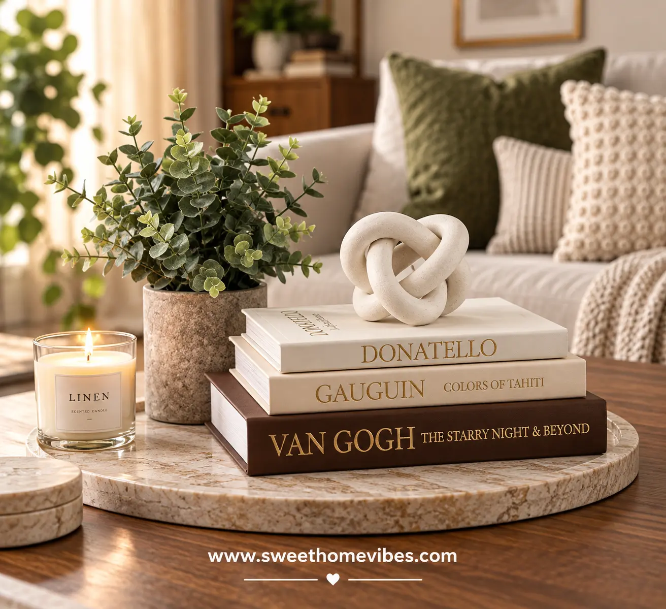 Set of 3 vintage brown linen faux decorative books styled on a coffee table with a knot sculpture